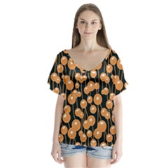 Orange Dandelions On A Dark Background V-neck Flutter Sleeve Top by SychEva