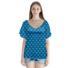 Blue Circles On A Dark Blue Background V-neck Flutter Sleeve Top by SychEva