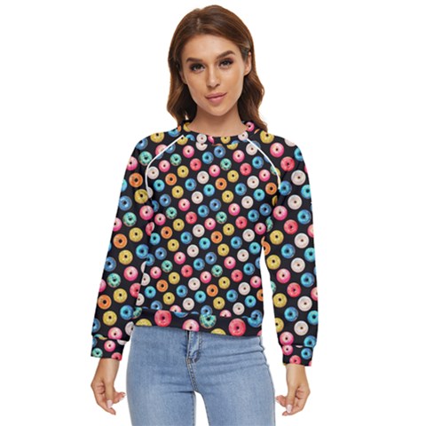 Multicolored Donuts On A Black Background Women s Long Sleeve Raglan Tee by SychEva