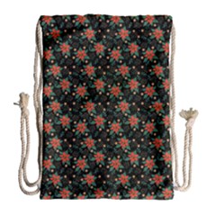 Medium Red Christmas Poinsettias On Black Drawstring Bag (large) by PodArtist