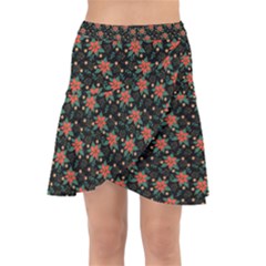 Medium Red Christmas Poinsettias On Black Wrap Front Skirt by PodArtist