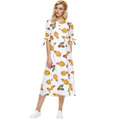 Oak Leaves And Acorns Bow Sleeve Chiffon Midi Dress by SychEva