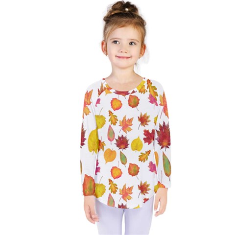 Watercolor Autumn Leaves Kids  Long Sleeve Tee by SychEva