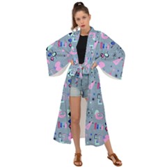50s Diner Print Blue Maxi Kimono by NerdySparkleGoth