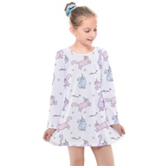 Unicorn Cats Pattern 2 Kids  Long Sleeve Dress by Littlebird