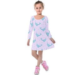 Narwales Stars  Pattern Pink Kids  Long Sleeve Velvet Dress by Littlebird