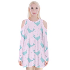 Narwales Stars  Pattern Pink Velvet Long Sleeve Shoulder Cutout Dress by Littlebird