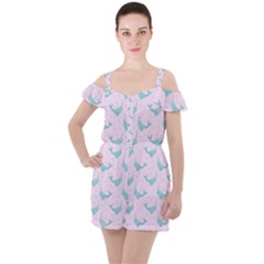 Narwales Stars  Pattern Pink Ruffle Cut Out Chiffon Playsuit by Littlebird