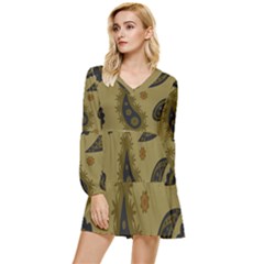 Floral Pattern Paisley Style Paisley Print  Doodle Background Tiered Long Sleeve Mini Dress by Eskimos