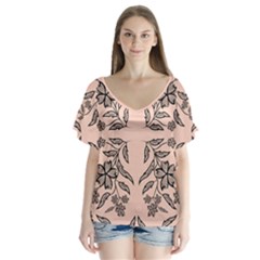 Floral Folk Damask Pattern  V-neck Flutter Sleeve Top by Eskimos
