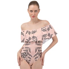 Floral Folk Damask Pattern  Off Shoulder Velour Bodysuit  by Eskimos