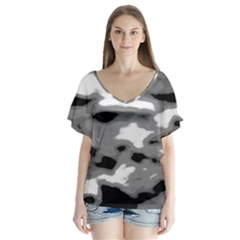 Black Waves Abstract Series No 1 V-neck Flutter Sleeve Top by DimitriosArt