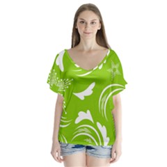 Folk Flowers Print Floral Pattern Ethnic Art V-neck Flutter Sleeve Top by Eskimos