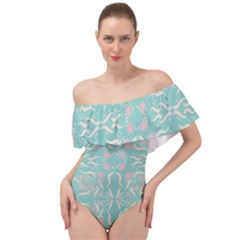 Floral Folk Damask Pattern  Off Shoulder Velour Bodysuit  by Eskimos