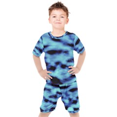 Blue Waves Flow Series 4 Kids  Tee And Shorts Set by DimitriosArt