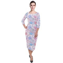 Notepads Pens And Pencils Quarter Sleeve Midi Velour Bodycon Dress by SychEva