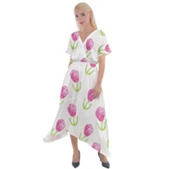 Tulips Watercolor Pattern Cross Front Sharkbite Hem Maxi Dress by Littlebird