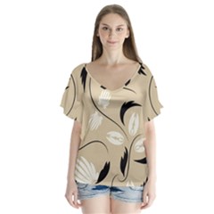 Folk Flowers Print Floral Pattern Ethnic Art V-neck Flutter Sleeve Top by Eskimos