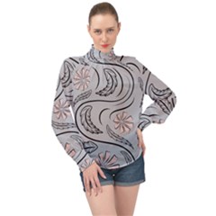 Folk Flowers Print Floral Pattern Ethnic Art High Neck Long Sleeve Chiffon Top by Eskimos