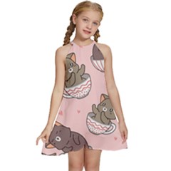 Seamless Pattern Adorable Cat Inside Cup Kids  Halter Collar Waist Tie Chiffon Dress by Jancukart