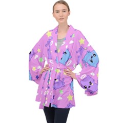 Seamless Pattern With Cute Kawaii Kittens Long Sleeve Velvet Kimono  by Jancukart