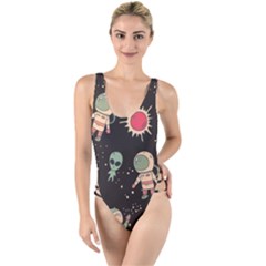 Space Pattern Cartoon High Leg Strappy Swimsuit by Jancukart