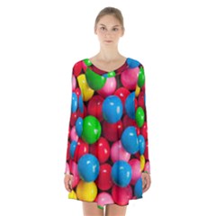 Bubble Gum Long Sleeve Velvet V-neck Dress by artworkshop