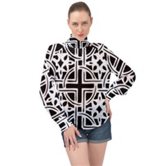 Black And White Geometric Geometry Pattern High Neck Long Sleeve Chiffon Top by Jancukart