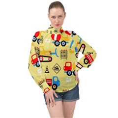 Seamless-pattern-vector-industrial-vehicle-cartoon High Neck Long Sleeve Chiffon Top by Jancukart