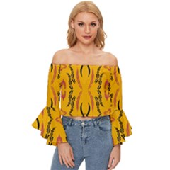 Folk Flowers Print Floral Pattern Ethnic Art Off Shoulder Flutter Bell Sleeve Top by Eskimos