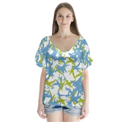 Birds Silhouette Motif Random Pattern V-neck Flutter Sleeve Top by dflcprintsclothing