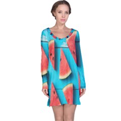 Watermelon Blue Background Long Sleeve Nightdress by artworkshop