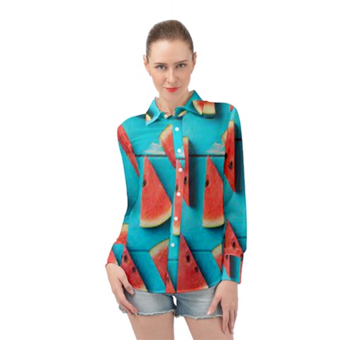 Watermelon Blue Background Long Sleeve Chiffon Shirt by artworkshop
