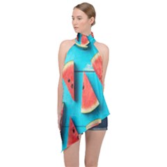 Watermelon Blue Background Halter Asymmetric Satin Top by artworkshop