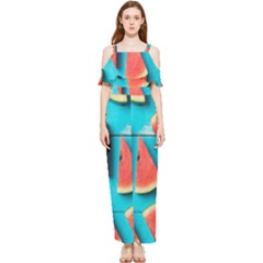Watermelon Blue Background Draped Sleeveless Chiffon Jumpsuit by artworkshop