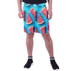 Watermelon Blue Background Men s Pocket Shorts by artworkshop