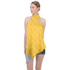 Hexagons Yellow Honeycomb Hive Bee Hive Pattern Halter Asymmetric Satin Top by artworkshop