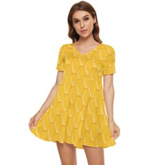 Hexagons Yellow Honeycomb Hive Bee Hive Pattern Tiered Short Sleeve Babydoll Dress by artworkshop