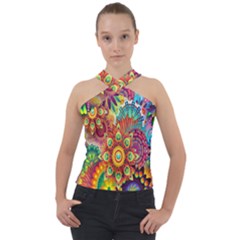 Mandalas Colorful Abstract Ornamental Cross Neck Velour Top by artworkshop