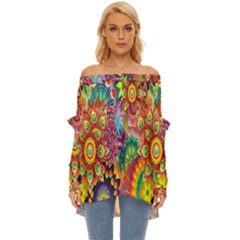 Mandalas Colorful Abstract Ornamental Off Shoulder Chiffon Pocket Shirt by artworkshop