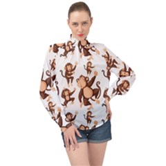 Monkey-seamless-pattern High Neck Long Sleeve Chiffon Top by Jancukart