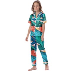 Leaves Tropical Exotic Kids  Satin Short Sleeve Pajamas Set by artworkshop