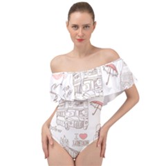 I Love London Drawing Off Shoulder Velour Bodysuit  by Jancukart