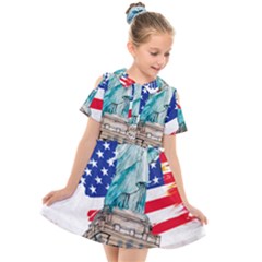 Statue Of Liberty Independence Day Poster Art Kids  Short Sleeve Shirt Dress by Jancukart
