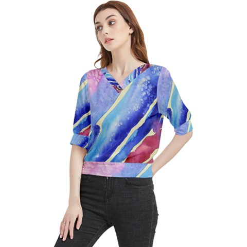 Painting-abstract-blue-pink-spots Quarter Sleeve Blouse by Jancukart