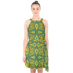 Abstract Pattern Geometric Backgrounds Halter Collar Waist Tie Chiffon Dress by Eskimos