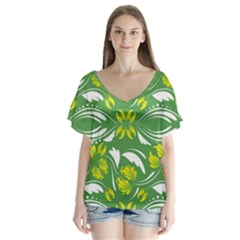 Folk Flowers Print Floral Pattern Ethnic Art V-neck Flutter Sleeve Top by Eskimos