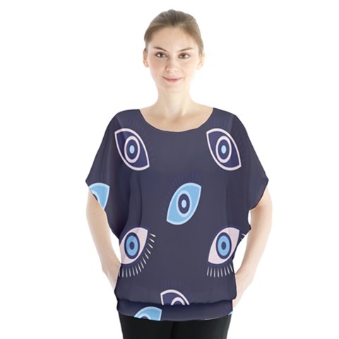 Eyes Evil Eye Blue Pattern Design Batwing Chiffon Blouse by artworkshop