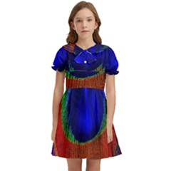 Red Peacock Plumage Fearher Bird Pattern Kids  Bow Tie Puff Sleeve Dress by Wegoenart