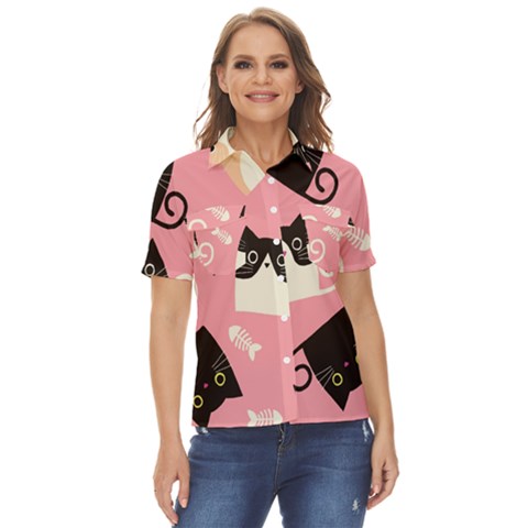 Cat Pattern Backgroundpet Women s Short Sleeve Double Pocket Shirt by Amaryn4rt